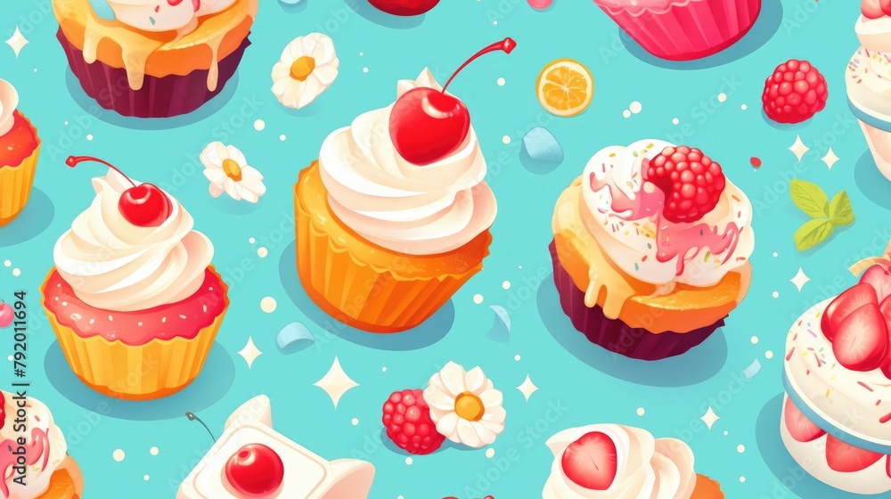 Indulge in a delectable pattern featuring a tempting cake topped with a juicy cherry Treat yourself to a sweet cupcake adorned with luscious cream and fresh berries Indulge in a delectable pattern featuring a tempting cake topped with a juicy cherry Treat yourself to a sweet cupcake adorned with luscious cream and fresh berries