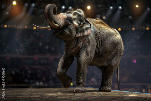 A circus elephant is standing on a stage in front of a crowd