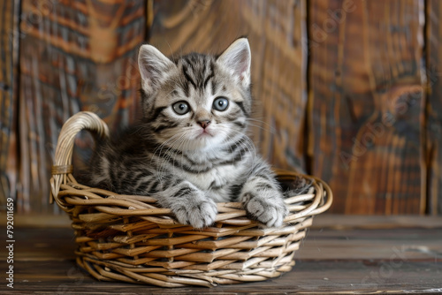 chubby American Shorthair kitten sitting in a small basket