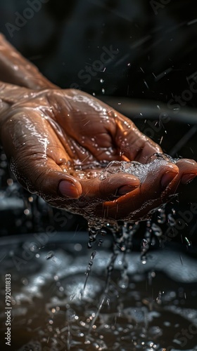 A dark skinned person's hands holding water.