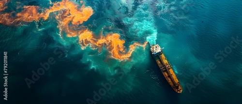 Tanker ship oil leak causes sea pollution from human industrial activities. Concept Marine pollution, Tanker ship, Oil spill, Environmental impact, Human activities photo