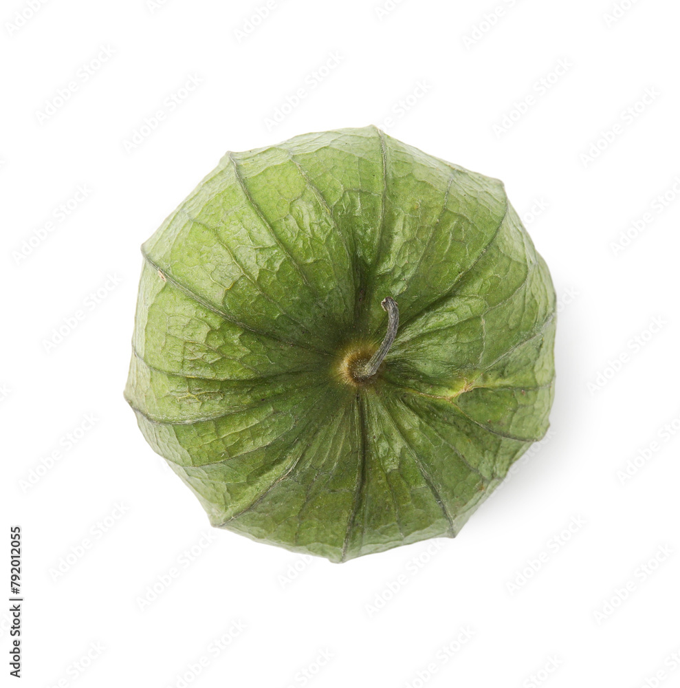Naklejka premium Fresh green tomatillo with husk isolated on white, top view