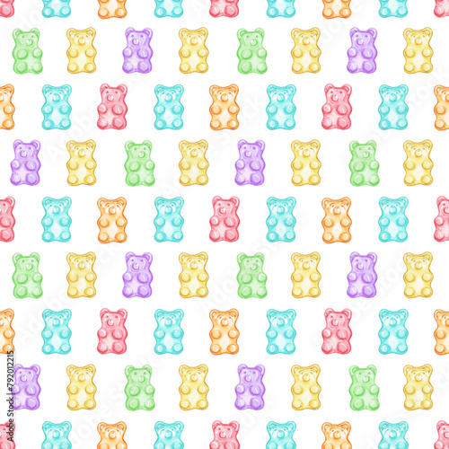 Seamless pattern with multicolored marmalade jelly bears candy isolated on white background. Watercolor hand drawn illustration