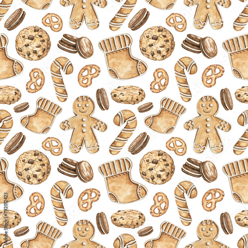 Seamless pattern with various Christmas cookies isolated on white background. Watercolor hand drawn illustration