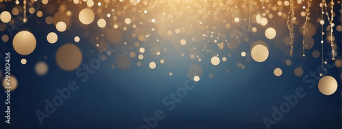 Abstract blur bokeh banner background. Champagne gold bokeh on defocused indigo blue background.
