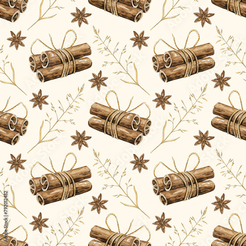 Seamless pattern with cinnamon sticks, clove stars and twigs isolated on beige background. Watercolor hand drawn illustration
