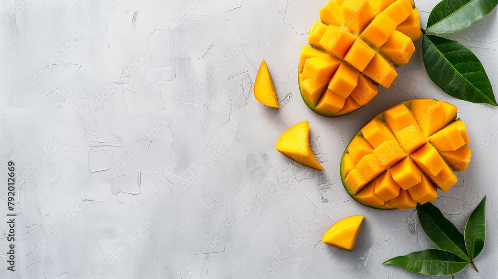 a ripe mango cubes against plain background. fruit photography a ripe mango cubes against plain background. fruit photography