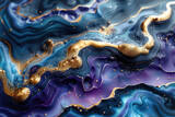 Dark purple and navy blue abstract marble with gold glitter, swirling patterns in the style of closeup. Created with Ai