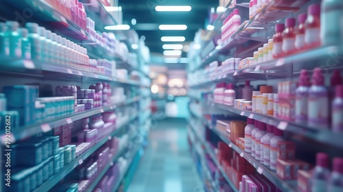 Blurry image of pharmacy shelf with many products in plastic bottles