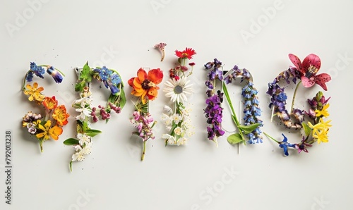 Word Spring made of flowers, white background