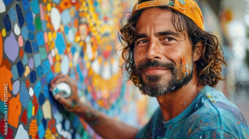 A bearded man in a baseball cap is spray painting a colorful mural on a wall.