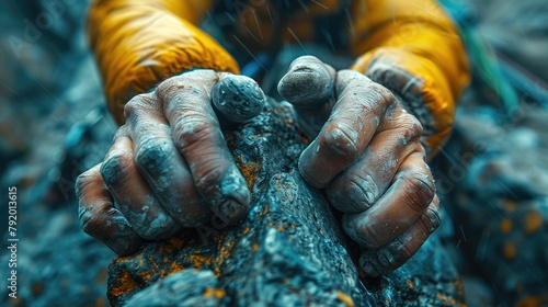 A close up of a rock climber's hands gripping a rock face.