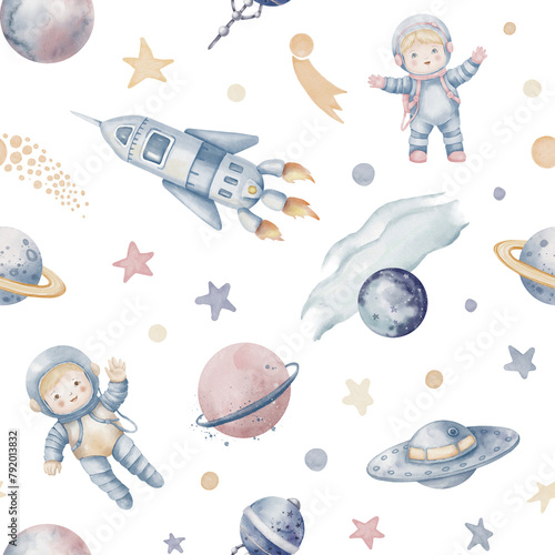 Space watercolor seamless Pattern. Background with cosmos  planets  cosmonauts and spaceship for Baby textile design or childish nursery wallpaper in pastel blue and pink colors. Cute backdrop for kid