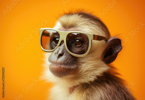 Macaque with glasses. Close-up portrait of a macaque. Anthopomorphic creature. A fictional character for advertising and marketing. Humorous character for graphic design. photo