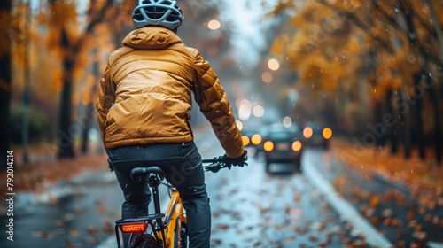 A cyclist rides a bike down a wet road on an autumn day.