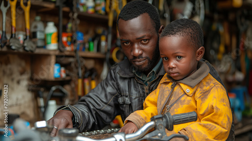 13. Bike Maintenance Lesson: A father teaches his child how to perform basic bike maintenance tasks, such as inflating tires and oiling chains, in a cozy garage workshop filled wit