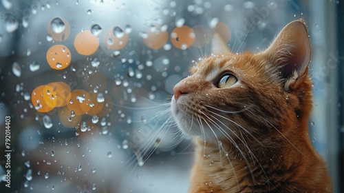 A ginger cat is sitting on a window sill, looking out at the rain.