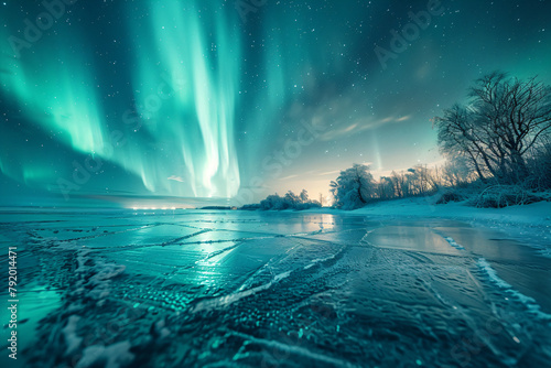 Wallpaper Mural Aurora borealis over icy landscape with trees and frozen river. Long exposure night photography. Natural phenomenon and winter landscape concept Torontodigital.ca