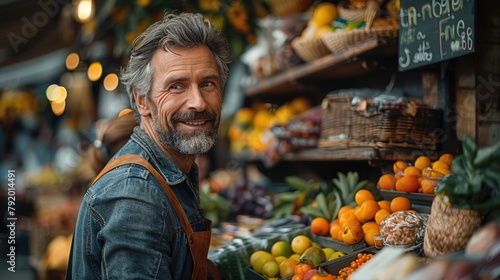A greengrocer stands in his shop, surrounded by fresh fruits and vegetables. He is smiling and wearing an apron.