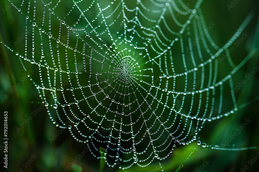 Morning dew on cobweb in green field. Macro shot with natural lighting. Spring freshness and nature concept