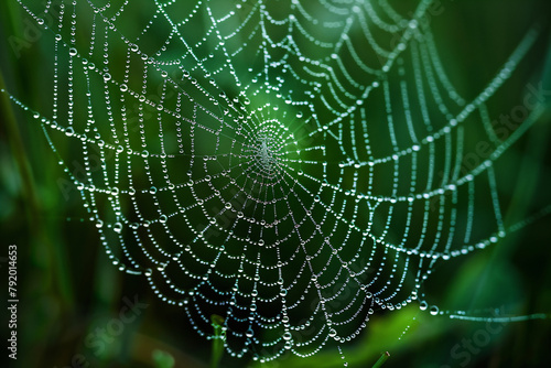 Morning dew on cobweb in green field. Macro shot with natural lighting. Spring freshness and nature concept © Alexey