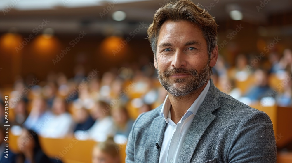 Fototapeta premium A middle-aged man with brown hair and blue eyes is standing in front of a large audience. He is wearing a suit and tie and has a confident smile on his face.
