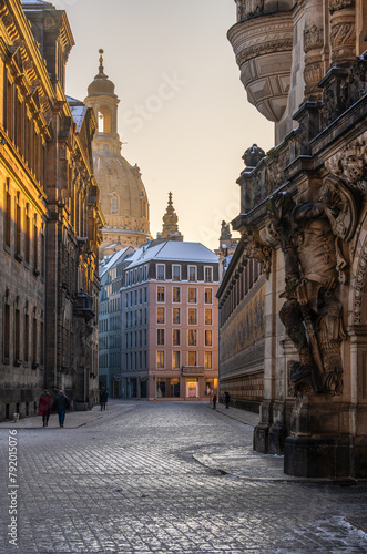 The Furstenzug and the Georgentor early in the morning in Dresden, Germany. photo