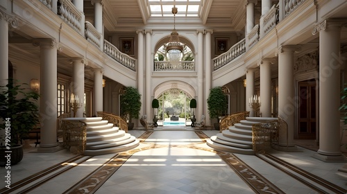 3D rendering of the interior of a luxury hotel with a marble floor
