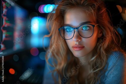 Focused woman working late on computer