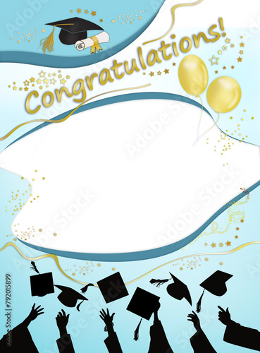 Graduation ceremony blue-gold colors background ,greeting mockup or invitation card template with hands and flying grad hat silhouettes. Free copy space ..  