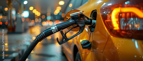 Closeup of a gas pump nozzle refilling a vehicle at a station. Concept Gas Station, Refueling, Close-up, Automotive, Filling Up