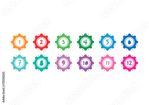 step numbers 1-12 for the world of math, business, education. concept of numbers 1-12 in colorful spinners