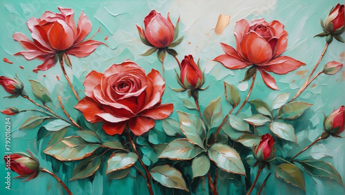 Abstract oil painting of Mint and scarlet petals, flowers with rose gold lines, using a palette knife.