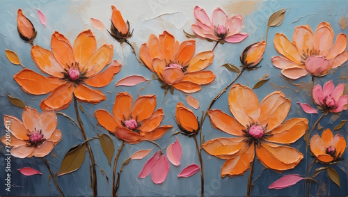 Abstract oil painting of Orange and pink petals  flowers with bronze lines  using a palette knife.
