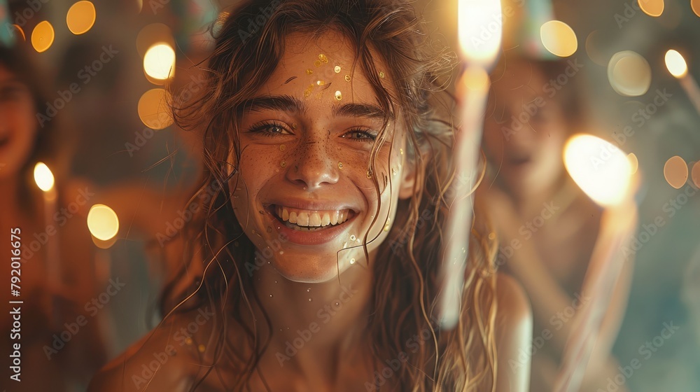 A young woman with curly hair smiles happily while holding a sparkler. A young woman with curly hair smiles happily while holding a sparkler.