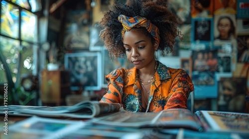 A young woman with curly hair is reading a newspaper. She is wearing a colorful shirt and a headband. She is sitting in a room with a lot of posters on the walls.