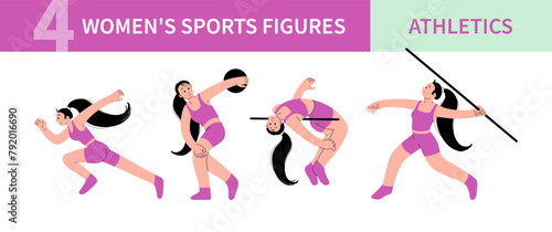 Women Sportsmen Characters Workout set. Professional female athletes. Running, high jumping, discus and javelin throwing. Icons for sports competitions. Modern minimal design. Vector flat Illustration