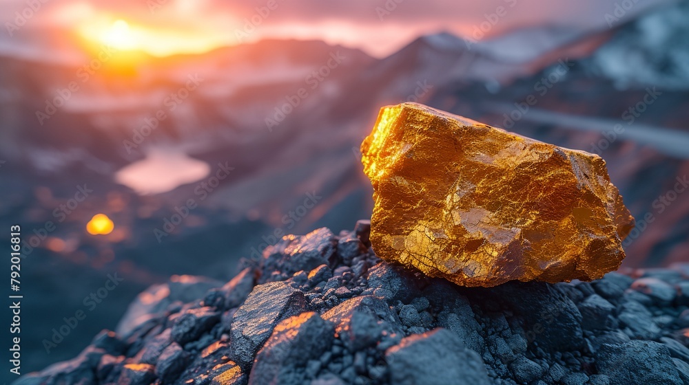 a rock with a yellow substance on top of it in the mountains at sunset a rock with a yellow substance on top of it in the mountains at sunset