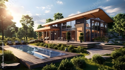 3d rendering of modern cozy chalet with pool and parking for sale or rent. Beautiful forest on the background. Clear sunny summer day with blue sky. © Iman