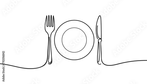 One continuous line plate, knife and fork. Vector illustration.