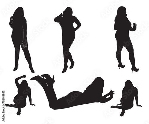 Set of plump sexy women silhouettes in different poses. Vector illustration