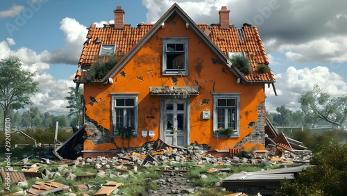 D visualization of a tornado-ravaged orange house. Concept Disaster Simulation, Orange House, Tornado Damage, 3D Visualization