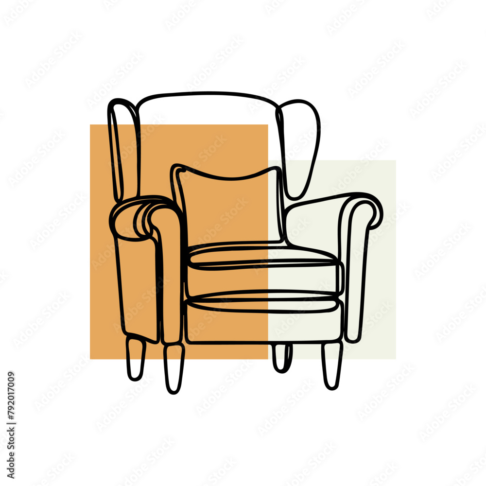 Fototapeta premium Continuous one line drawing armchair hand drawn silhouette clipart. Sketch background