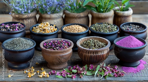 a variety of herbs in wooden bowls on a table
