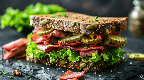 Delicious pastrami sandwich made with wholegrain photo