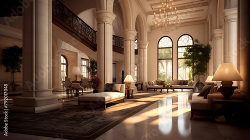 Panorama of luxury hotel lobby interior. 3d rendering  3d illustration.