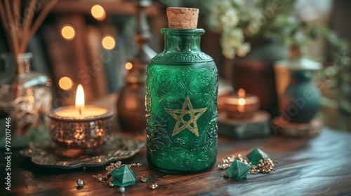 emerald green potion bottle with a pentacle on it on the table with burning candles. 