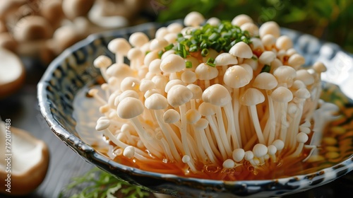 Comfort food dish with enoki mushrooms and sauce on the table photo