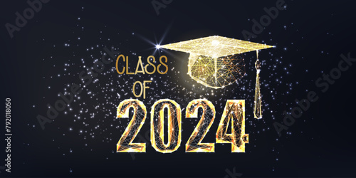 Gold graduation 2024 concept banner with glowing low polygonal graduation hat photo