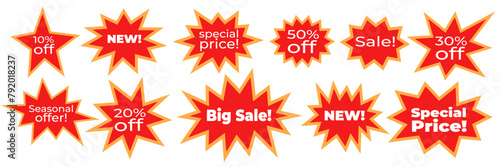 set of vector stickers with text in the form of a multi-pointed star, sunburst badges, discount tags
